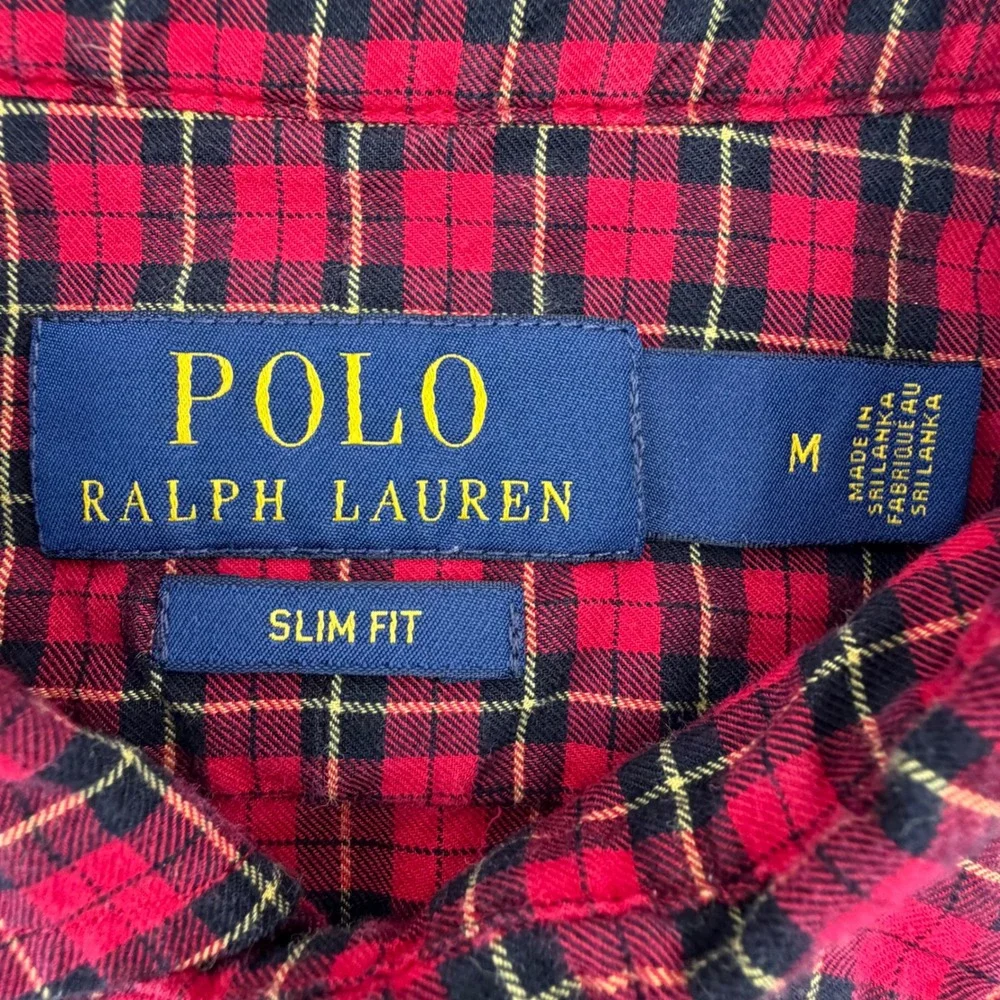 Polo Ralph Lauren Button Down Men Medium‎ Red Black Plaid Slim Fit Long Sleeve